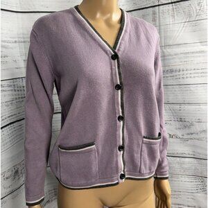 VTG Liz Claiborne Purple‎ Cotton Cardigan Sweater Button Front Sz S Stripe Trim